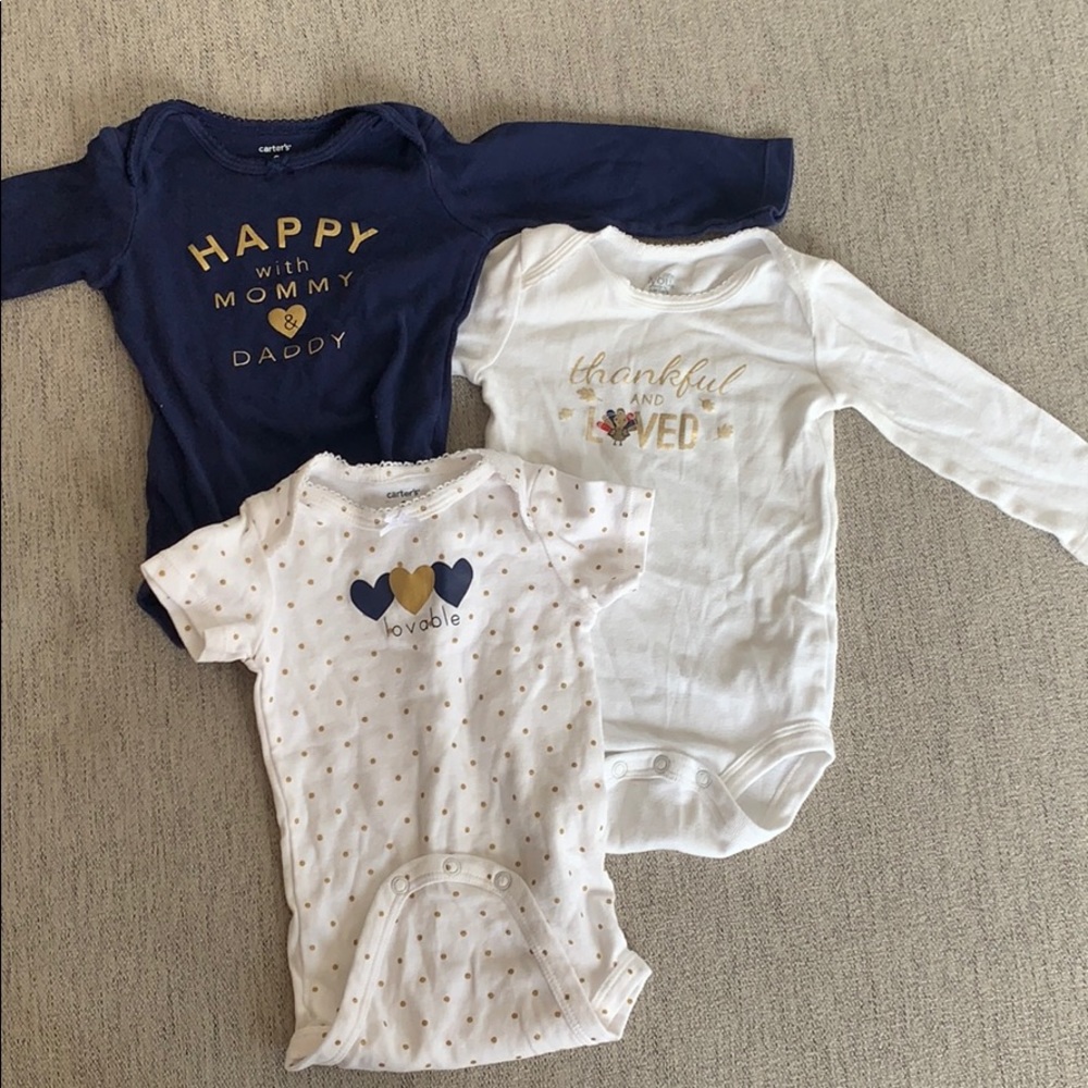 3 Carter’s THANKSGIVING onesies navy and gold 9 mo
